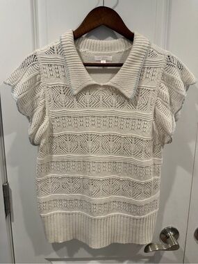 Lauren Conrad LC Textured Knit Polo Sweater Tank in Cream with Blue Details